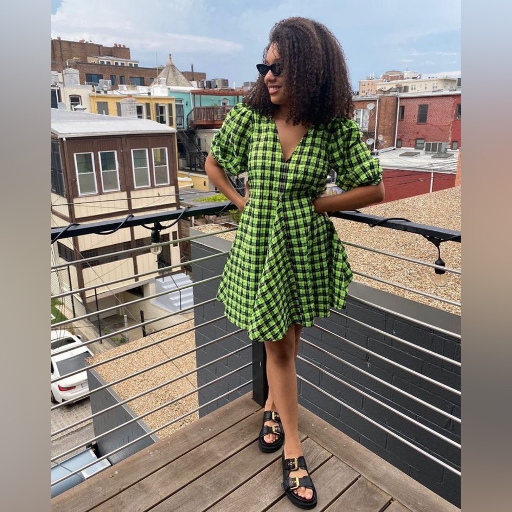 Ganni neon Brat Green Plaid Dress